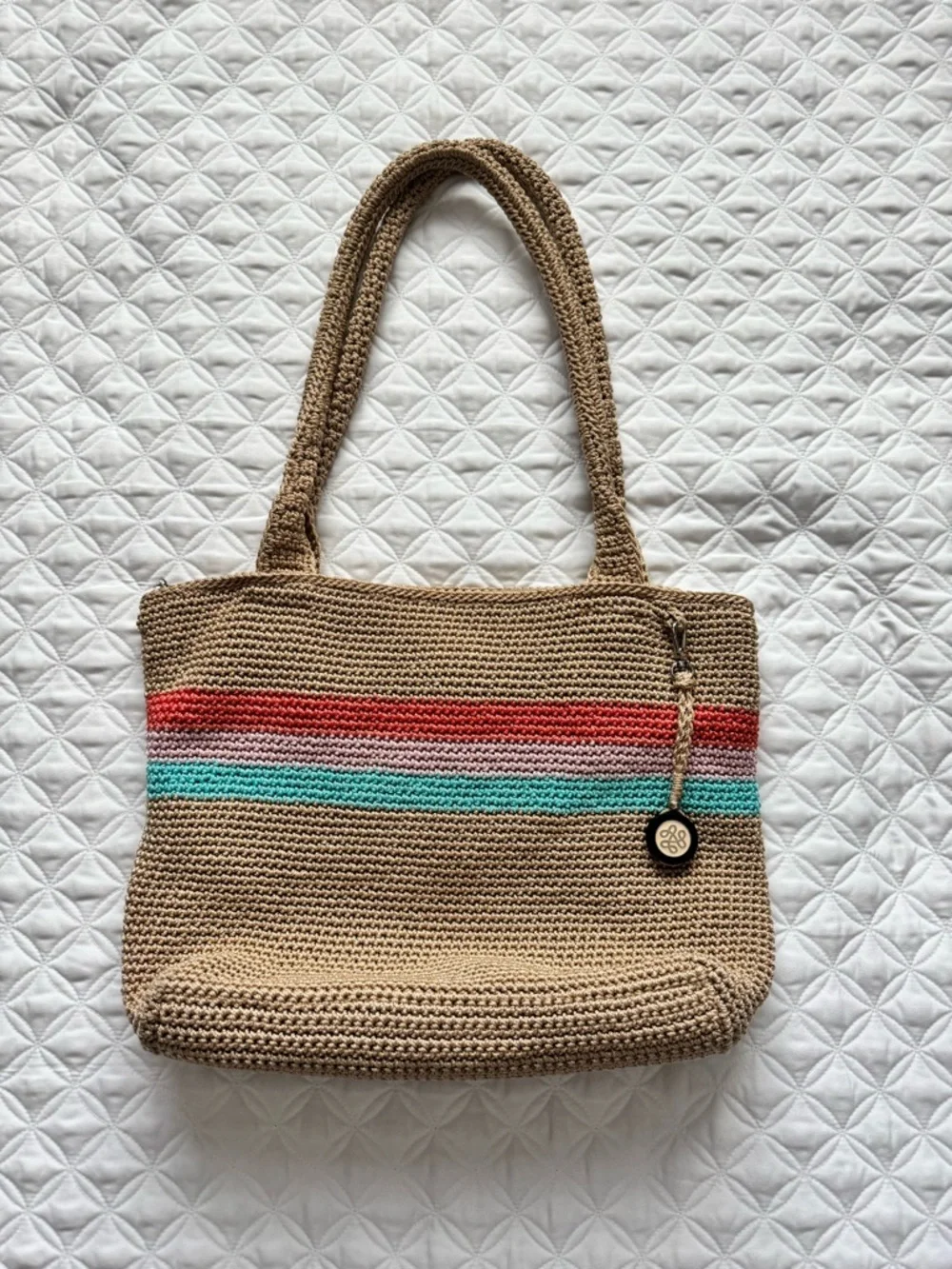 The Sak Crochet Shoulder Tote Bag Purse Zip Top Tan Coral Blue Pink Stripes